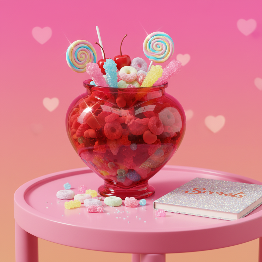 A playful still life of a glossy, oversized heart-shaped glass candy jar overflowing with pastel sugar-coated gummies, cherry lollipops, and sparkling rock candy. The jar sits on a round, bubblegum-pink lacquered side table with softly rounded edges, surrounded by scattered candy pieces and a closed, glittery notebook with a metallic “Secrets” script on the cover. Bright, diffused studio lighting from the front and slightly above creates crisp highlights on the glass and candy, casting gentle, rounded shadows. The background is a softly blurred gradient of hot pink and peach, with subtle bokeh hearts. Shot at eye level with a shallow depth of field, photographic realism, vibrant and colorful, conveying a fun, cheeky, diary-like atmosphere perfect for a playful personal blog homepage hero.