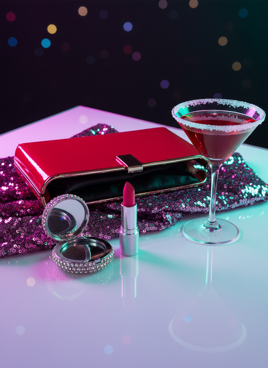 An elegantly chaotic vanity tabletop scene featuring a glossy red patent-leather clutch, a tube of bright pink lipstick with its cap off, a rhinestone-encrusted compact mirror partly open, and a swirl of sequined fabric pooling around them. A sparkly martini glass filled with raspberry-colored liquid and a sugar rim stands at the edge, tiny droplets visible on the glass. The surface is a white high-gloss lacquer, reflecting colors and shapes. Neon-style magenta and turquoise lights wash across the scene from opposite sides, creating dramatic, energetic reflections and soft overlapping shadows. Photographic realism with a slightly elevated angle, sharp focus on the objects, and a softly blurred, dark background dotted with out-of-focus club lights, suggesting wild nights and bold, sexy adventures in a playful, glamorous mood.