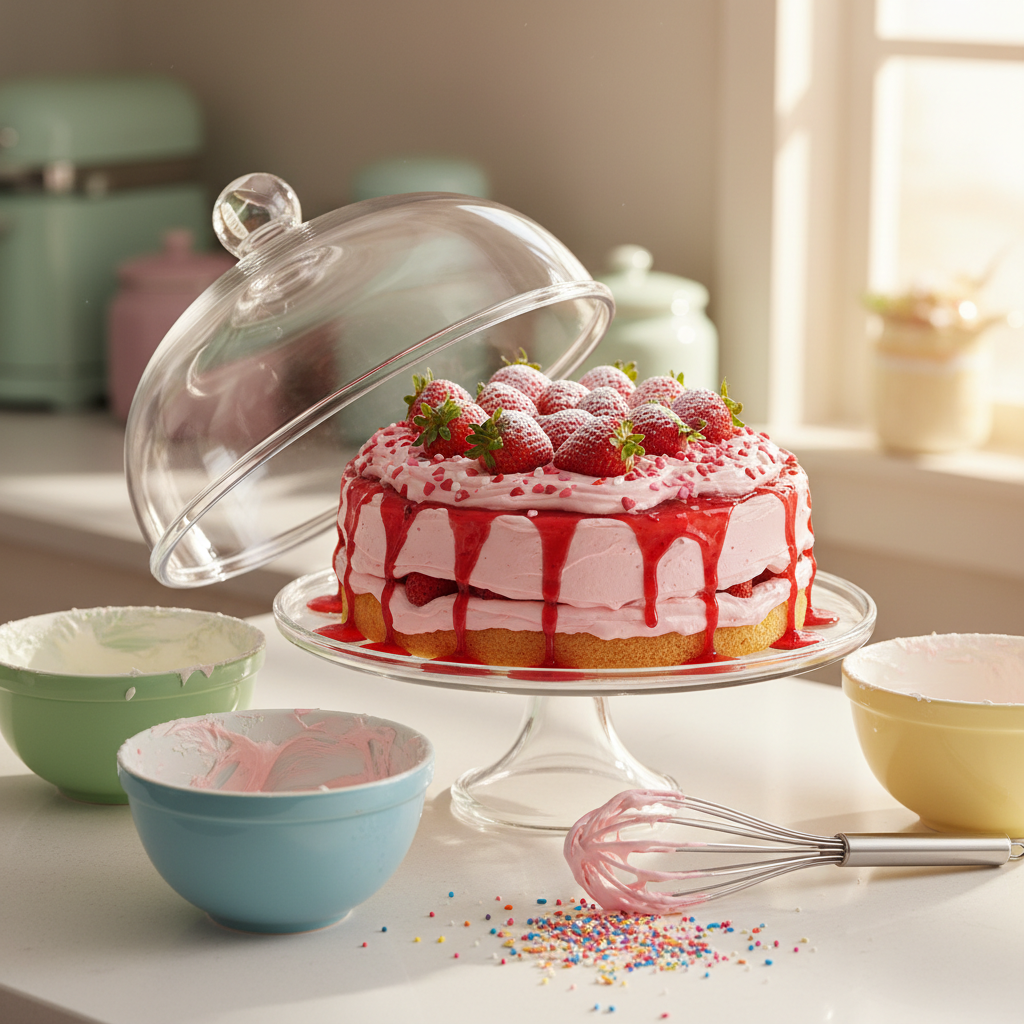 A bright kitchen counter scene featuring a rounded glass cake stand with a domed lid lifted slightly to reveal an extravagant, multi-layered strawberry shortcake. The cake is frosted with fluffy pink buttercream, dripping with glossy strawberry syrup and topped with heart-shaped sugar sprinkles and plump berries dusted in powdered sugar. Around the stand, colorful mixing bowls with traces of batter, a whisk coated in icing, and scattered rainbow sprinkles hint at recent baking chaos. Sunlit window light streams in from the right, casting warm, inviting highlights and soft shadows on the smooth white quartz countertop. Photographic realism with an eye-level, slightly close-up composition, shallow depth of field, and a blurred background of rounded pastel kitchen decor, creating a sweet, fun, indulgent mood ideal for posts about desserts and treat recipes.