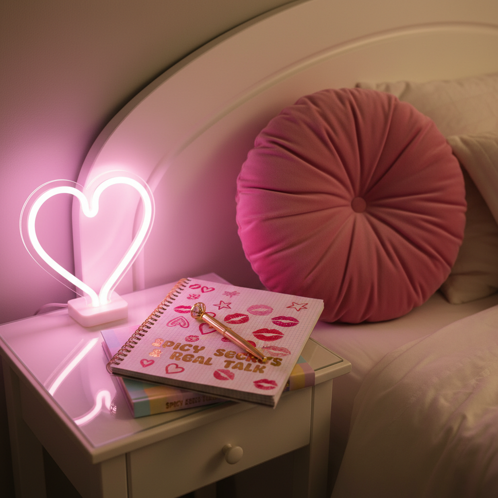 A cozy, slightly mischievous bedroom corner styled as a confessional advice nook: a round, plush, bubblegum-pink velvet pillow propped against a curved white headboard, with a small, pearly-white nightstand beside it. On the nightstand sits a heart-shaped neon light glowing soft pink, an open spiral notebook with doodled hearts and bold lipstick kiss marks, and a metallic gold pen resting diagonally. A closed, candy-colored hardcover book titled “Spicy Secrets & Real Talk” lies underneath. Warm, dim lamp light blends with the neon glow, creating dreamy reflections on the glossy tabletop and casting soft, rounded shadows. Shot at a slight angle from above in photographic realism, with a shallow depth of field that blurs the background bedding into soft waves, evoking an intimate, playful, open-talk atmosphere for heartfelt, cheeky advice posts.